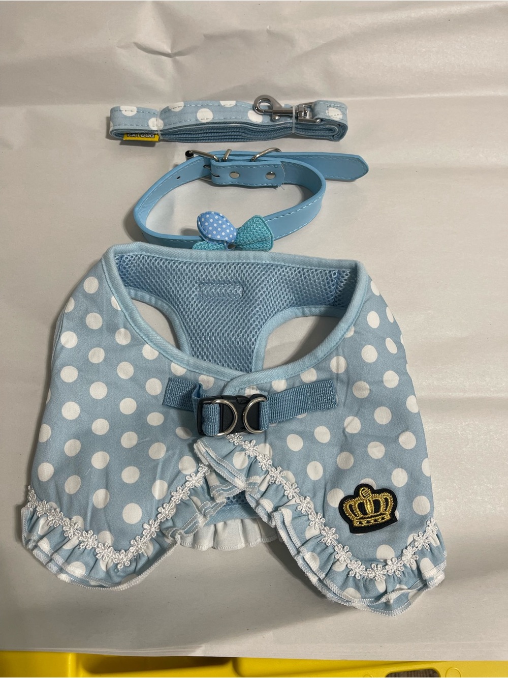 Pet Light Blue Polka Dot Female Dog Harness with Bow and Leash